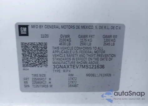2021 Chevrolet Equinox Awd 2Fl from USA, damaged, VIN 3GNAXTEV7MS121636